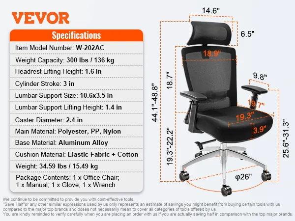 VEVOR ergonomic office chair with adjustable headrest, lumbar support, and aluminum alloy base.
