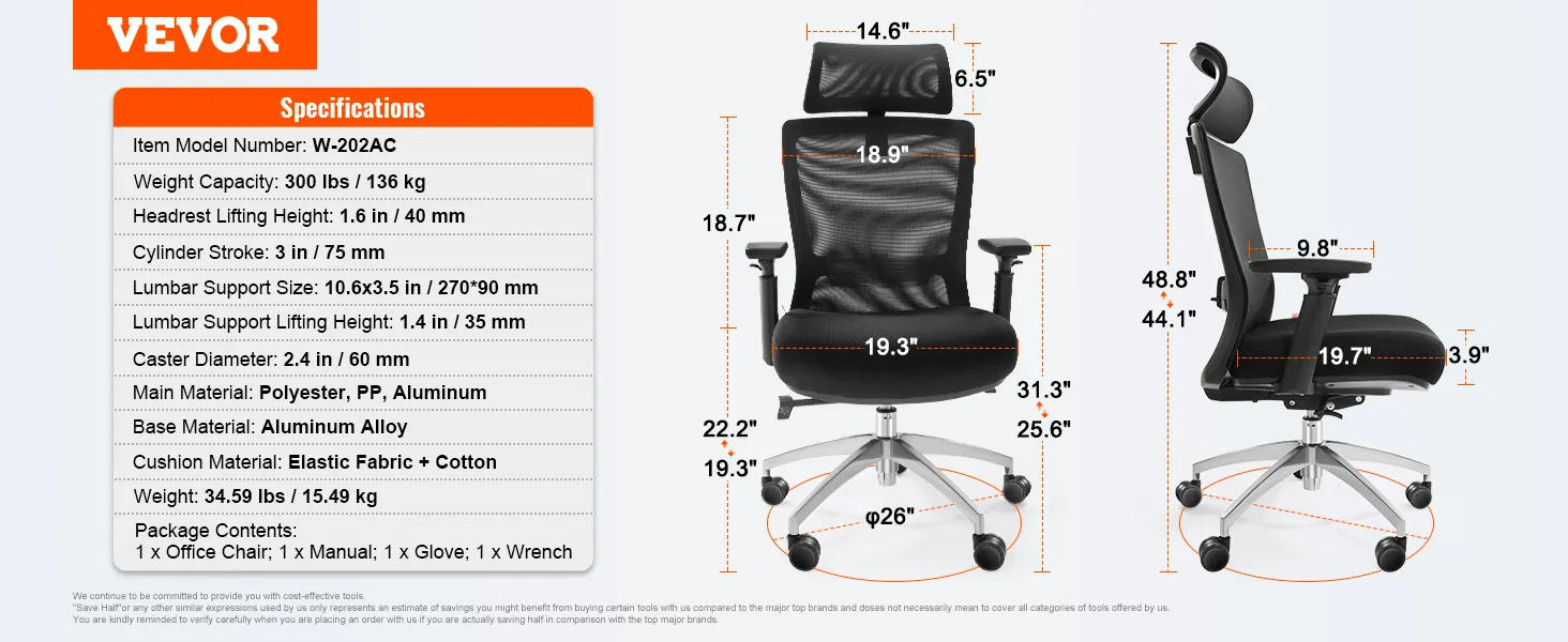 VEVOR ergonomic office chair with adjustable headrest, lumbar support, and aluminum alloy base.