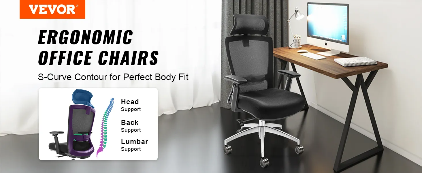 VEVOR ergonomic office chair with head, back, and lumbar support next to wooden desk and computer.