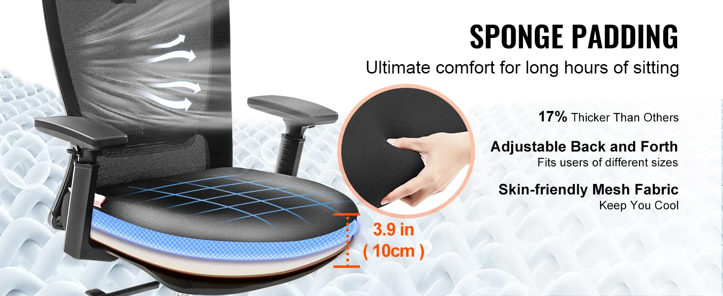 VEVOR ergonomic office chair with 17% thicker sponge padding, adjustable back, and skin-friendly mesh fabric.