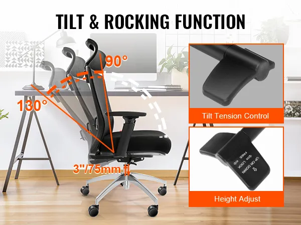 VEVOR ergonomic office chair with tilt and rocking function, height adjust, and tilt tension control.