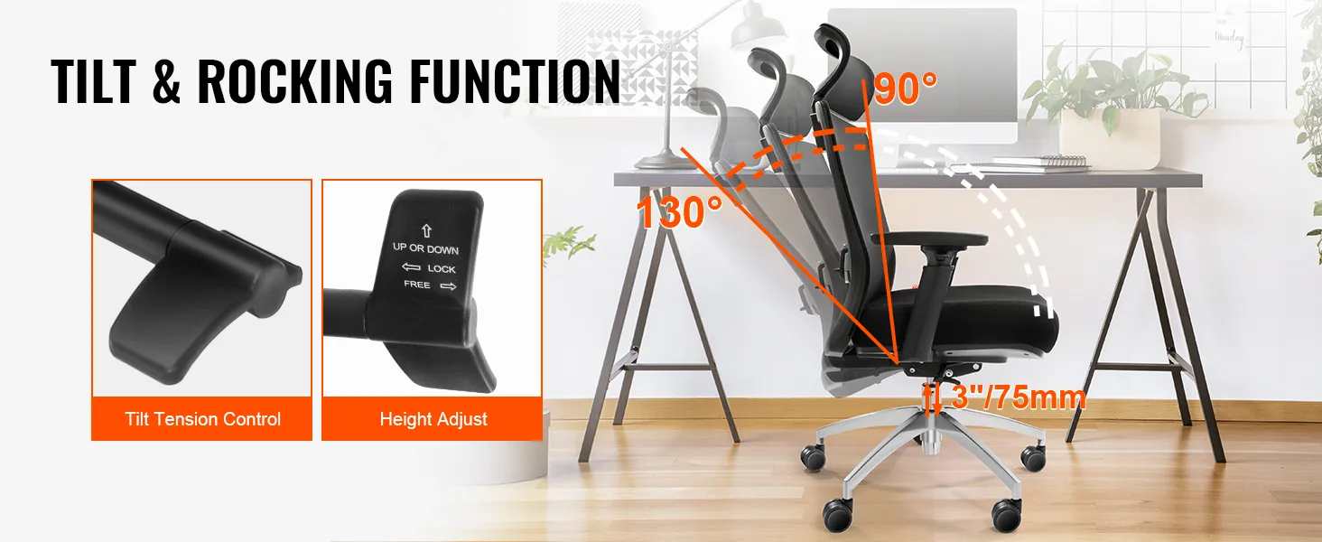 VEVOR ergonomic office chair with tilt and rocking function, height adjust, and tilt tension control.