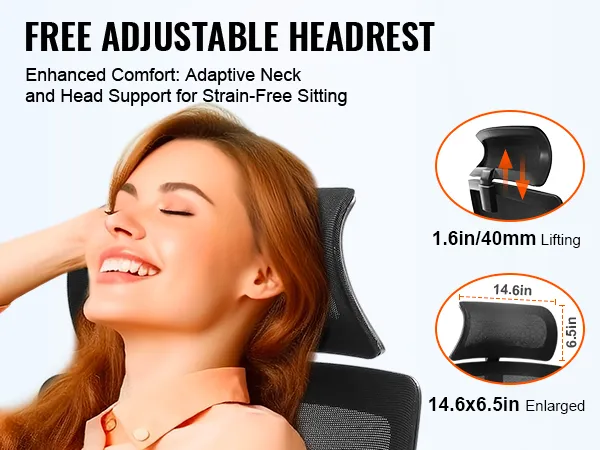 VEVOR ergonomic office chair with adjustable headrest for adaptive neck and head support, 1.6in lifting.