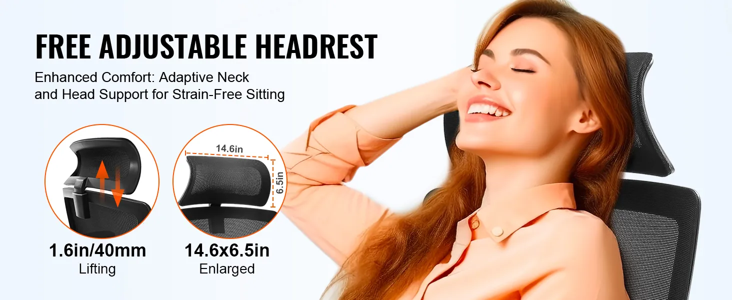 VEVOR ergonomic office chair with adjustable headrest for adaptive neck and head support, 1.6in lifting.