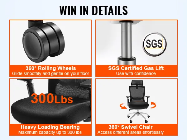 VEVOR ergonomic office chair features 360° rolling wheels, sgs gas lift, 300lbs capacity, and swivel chair.