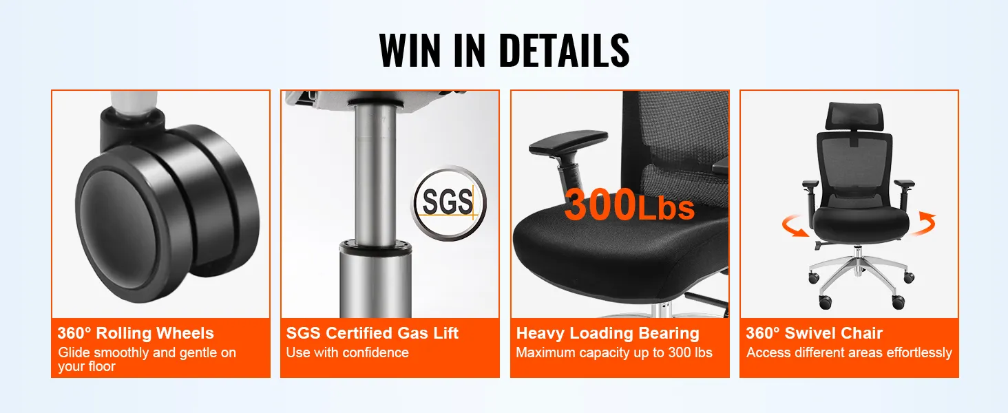 VEVOR ergonomic office chair features 360° rolling wheels, sgs gas lift, 300lbs capacity, and swivel chair.