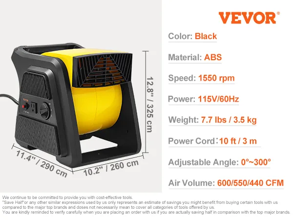 VEVOR Floor Blower 1360 RPM 600 CFM Air Mover With 4 Blowing