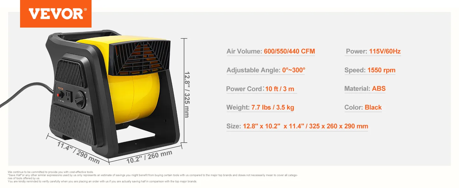 Ventilador utilitario VEVOR con 600/550/440 cfm, 115v/60hz, 1550 rpm, material abs, color negro, ángulo ajustable.