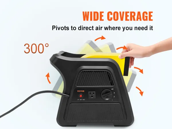 El ventilador utilitario VEVOR gira 300 grados para una amplia cobertura de aire. Incluye toma de corriente y controles.