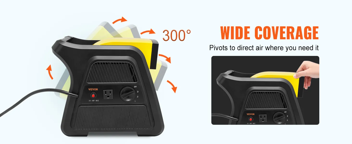 El ventilador utilitario VEVOR gira 300 grados para una amplia cobertura de aire. Incluye toma de corriente y controles.