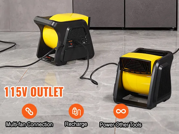 Ventilador utilitario VEVOR, toma de corriente de 115 V, diseño amarillo y negro, conectado a suelo de baldosas, conexión de múltiples ventiladores.