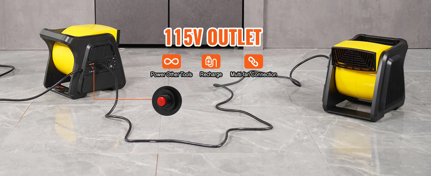 Ventilador utilitario VEVOR, toma de corriente de 115 V, diseño amarillo y negro, conectado a suelo de baldosas, conexión de múltiples ventiladores.