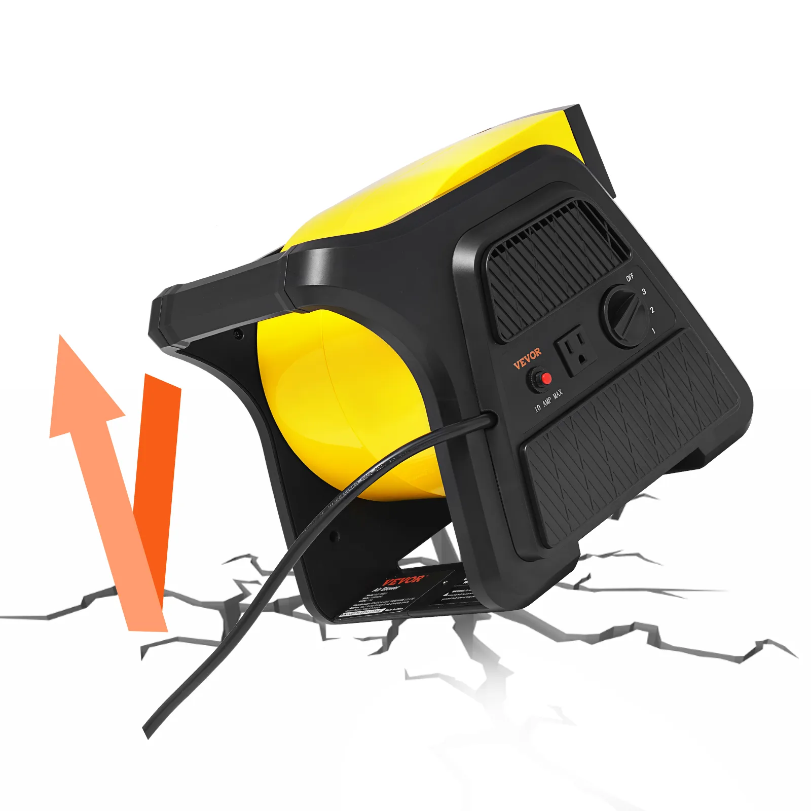 Ventilador utilitario VEVOR amarillo y negro con cable de alimentación sobre una superficie agrietada, que muestra un fuerte flujo de aire.