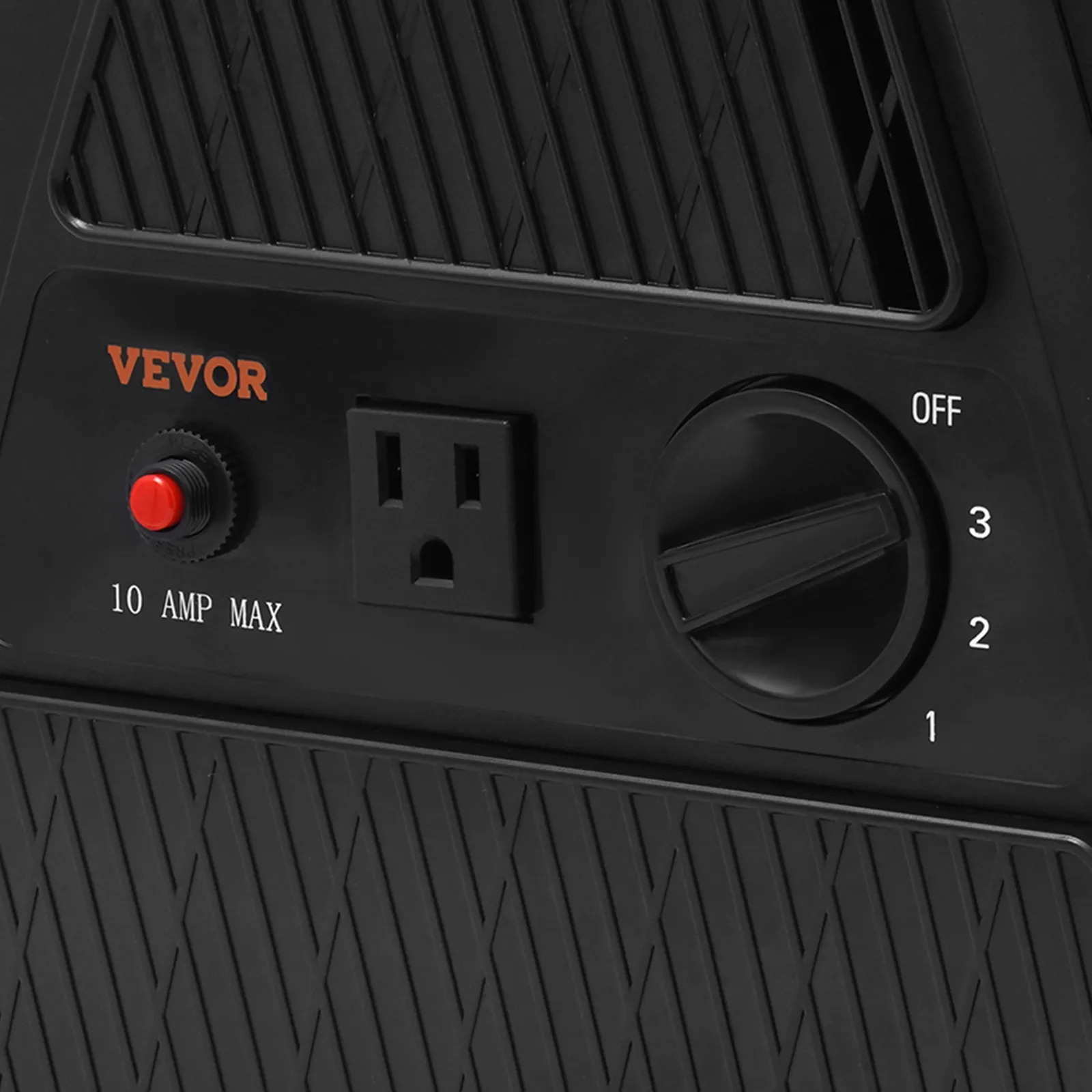 Panel de control del ventilador utilitario VEVOR con toma de corriente, botón rojo y perilla de velocidad ajustable.