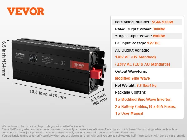 VEVOR modified sine wave inverter 3000w, 120v ac, 12v dc input, 6000w surge, dimensions 16.3x6.5x3.2 in.