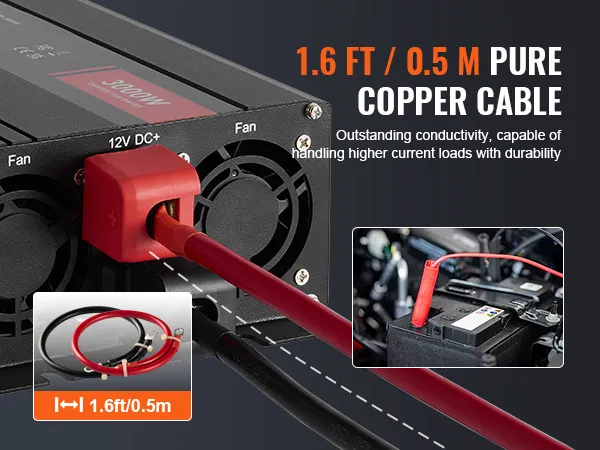 VEVOR modified sine wave inverter with 1.6ft pure copper cable for high current loads.