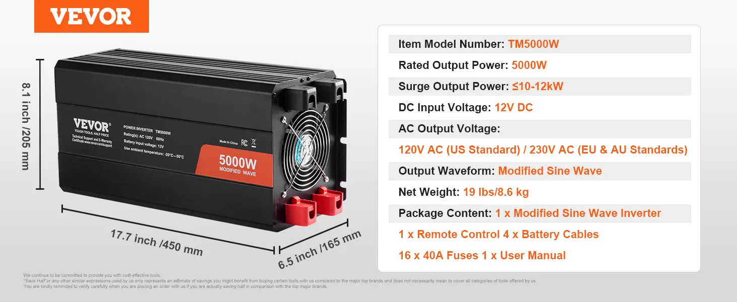 Inverter a onda sinusoidale VEVOR, potenza 5000 W, 19 libbre, dimensioni 17,7"x6,5"x8,1". Include accessori.
