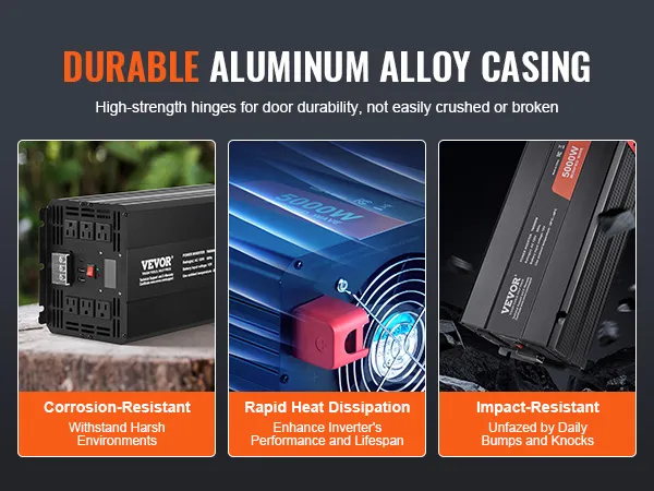 VEVOR sine wave inverter with durable aluminum alloy casing, corrosion-resistant, heat dissipation, impact-resistant.