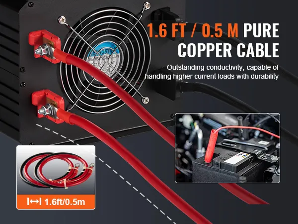 VEVOR sine wave inverter with 1.6 ft / 0.5 m pure copper cables for high conductivity and durability.