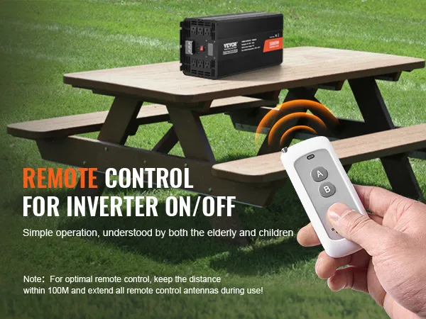 remote control for VEVOR sine wave inverter on/off on a picnic table with grass background.