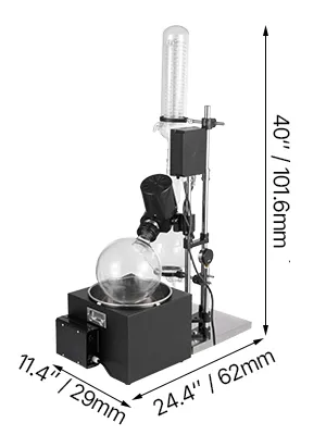 VEVOR rotary evaporator with glass flask, motor, and dimensions: 40"x24.4"x11.4".