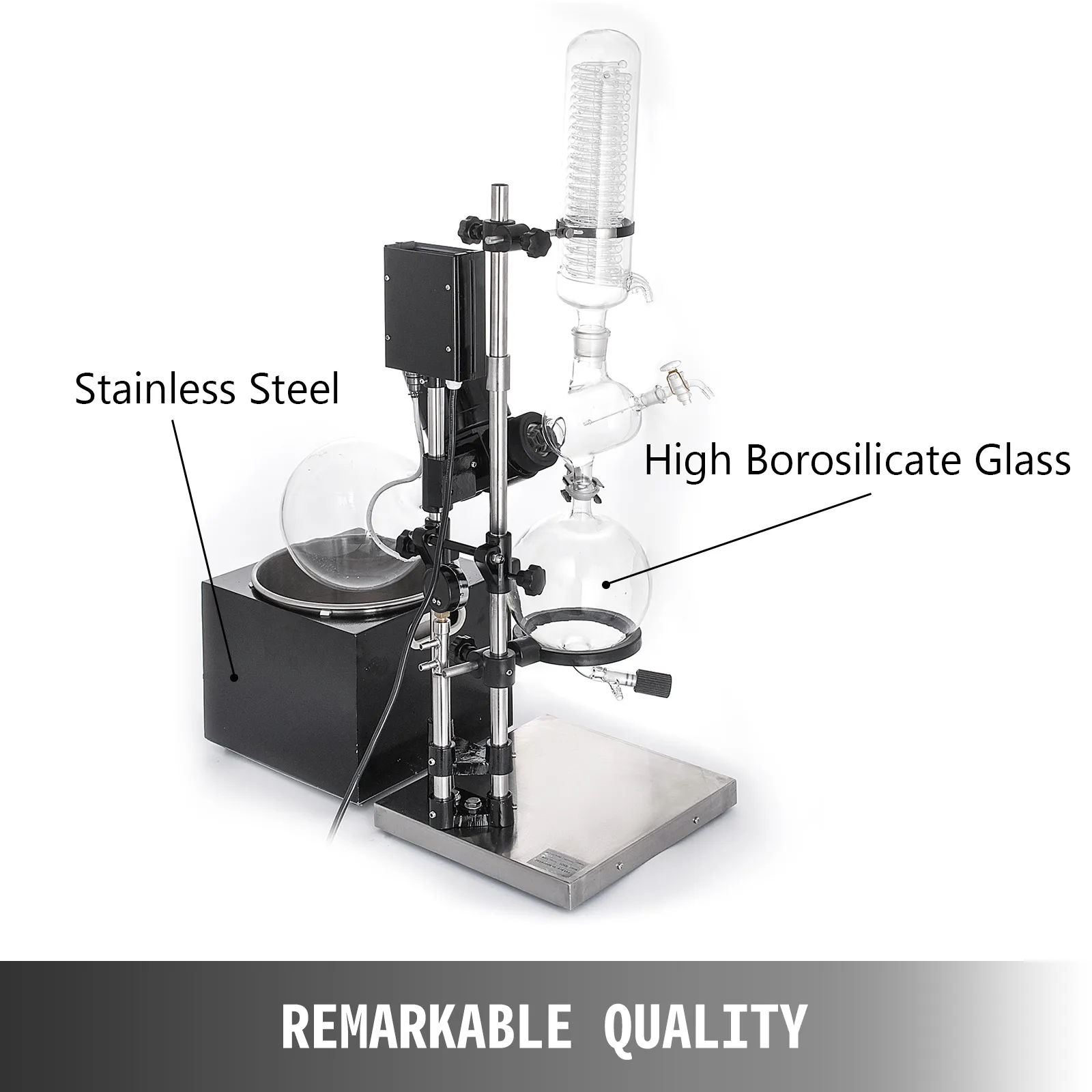 VEVOR rotary evaporator with stainless steel and high borosilicate glass components.