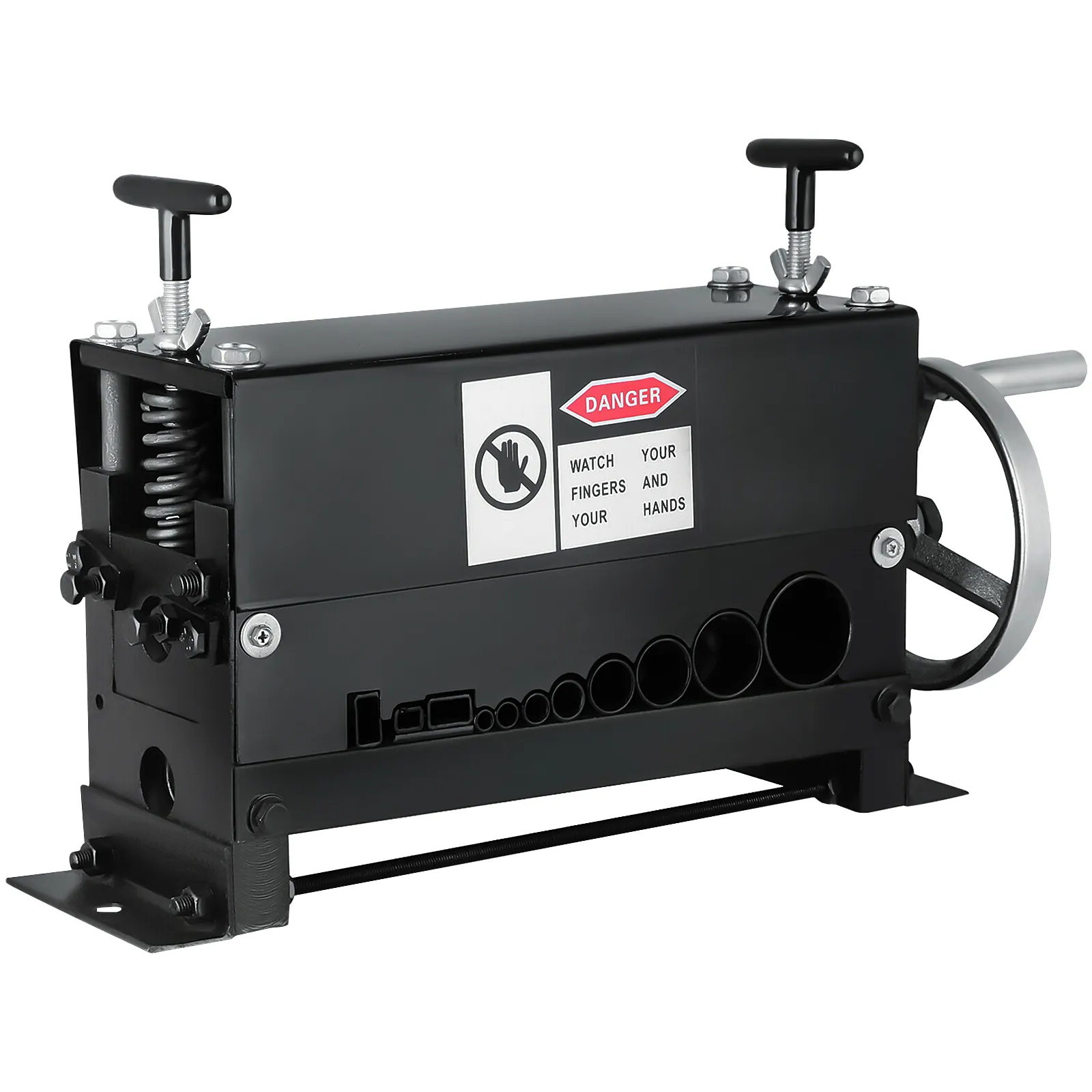 VEVOR wire stripping machine with safety warning label and dual adjustment knobs.