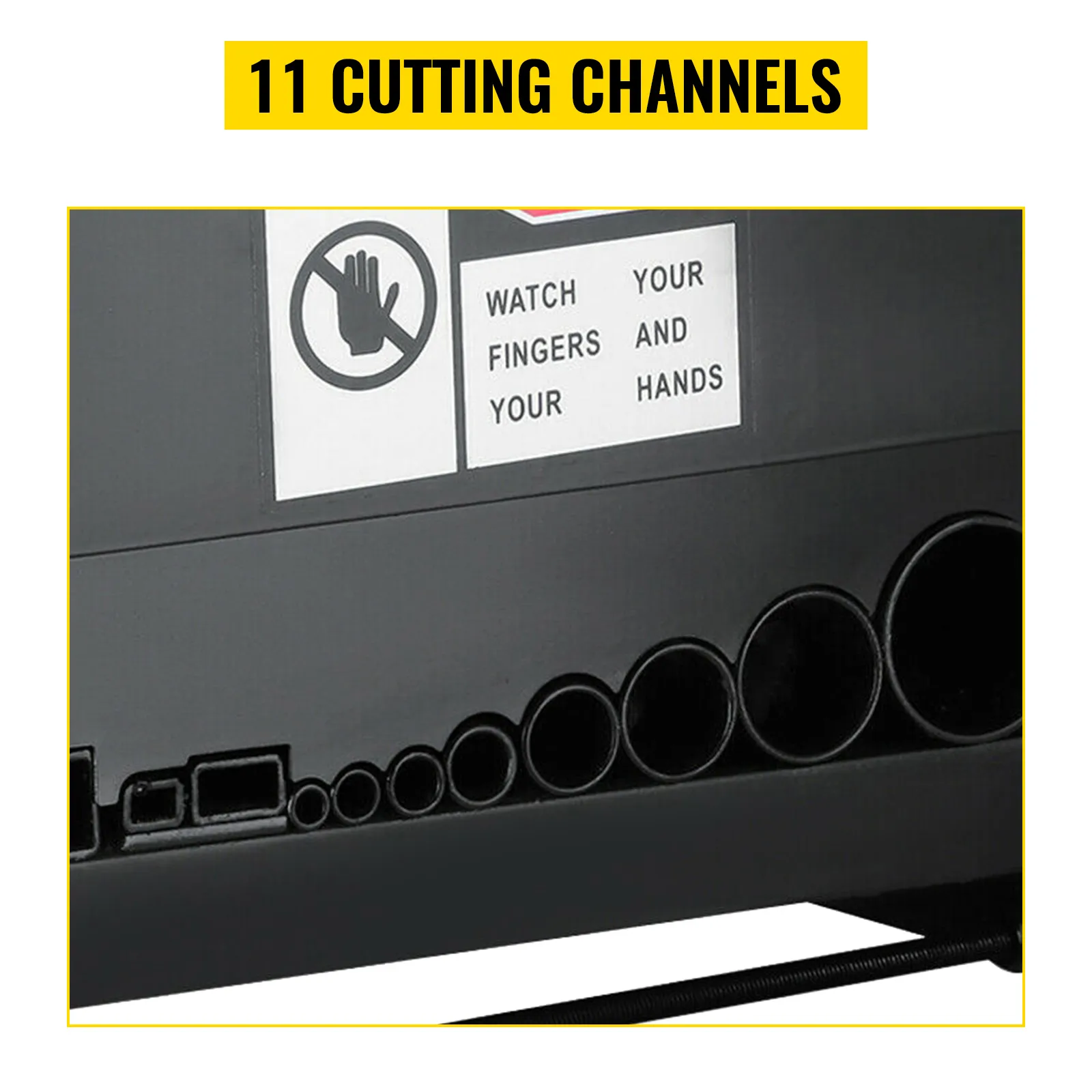VEVOR wire stripping machine with 11 cutting channels and safety warning sticker