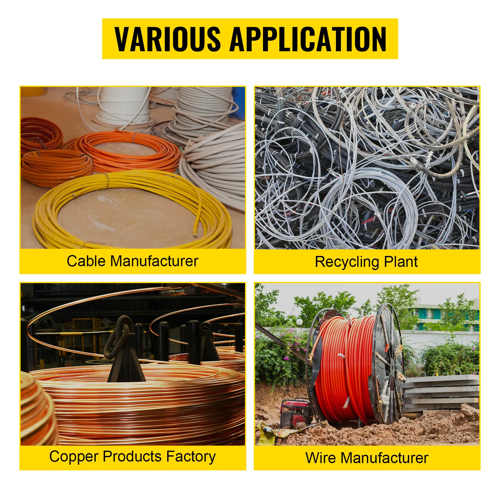 various applications of the VEVOR wire stripping machine: cable, recycling, copper, wire.