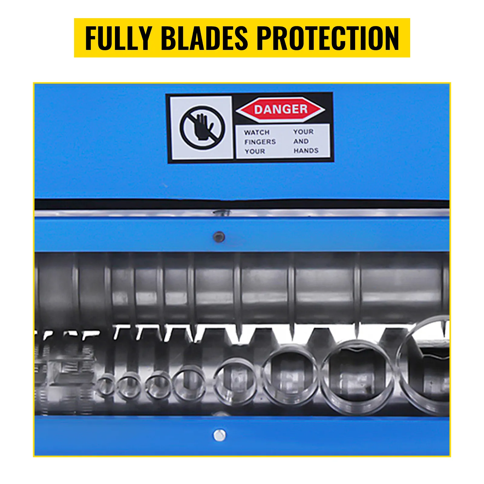 Macchina spelafili VEVOR con lame completamente protette e avviso di sicurezza.