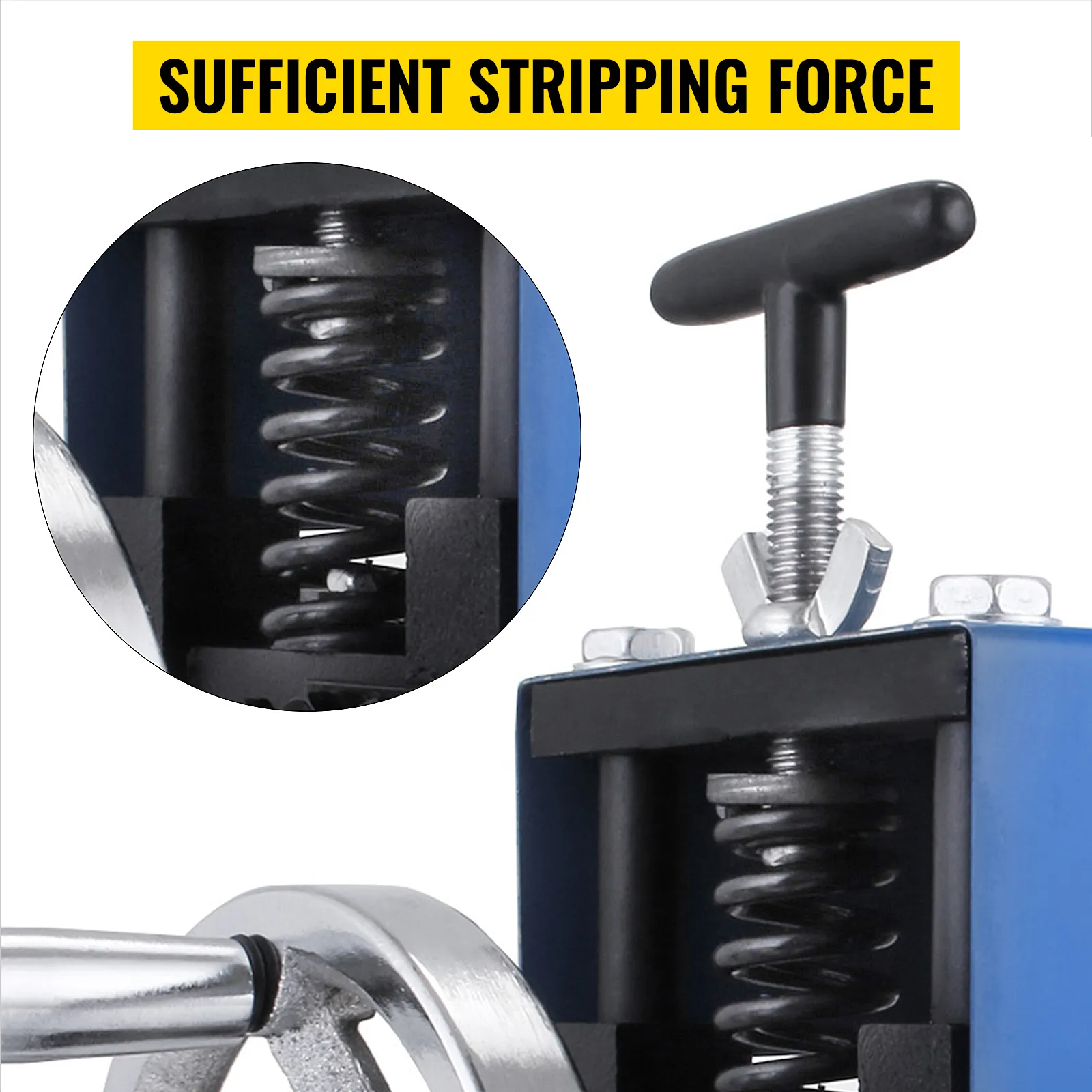Primo piano della macchina spelafili VEVOR con molla e maniglia, a dimostrazione della sua potenza.