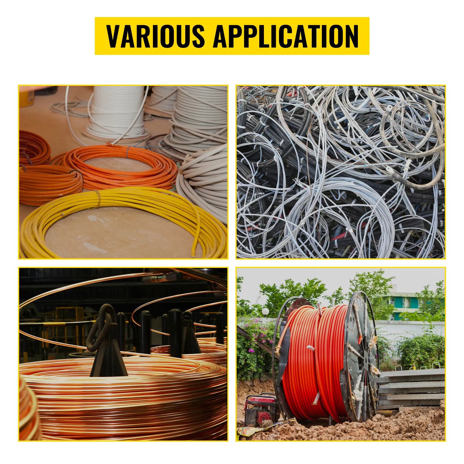 vari cavi e fili in diverse impostazioni, che mostrano gli utilizzi della macchina spelafili VEVOR.