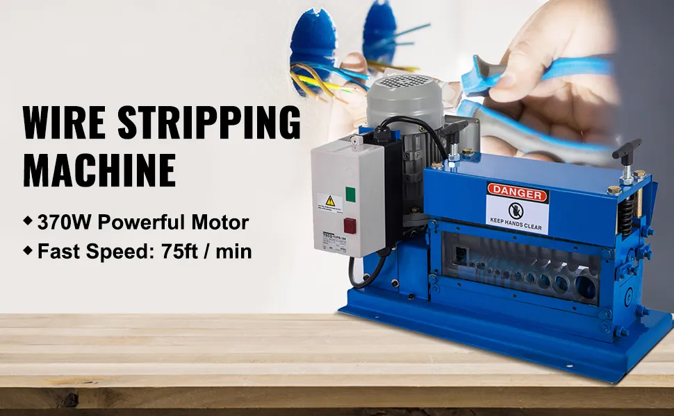 Máquina peladora de cables VEVOR con motor de 370 W y velocidad de 75 pies/min sobre mesa de madera