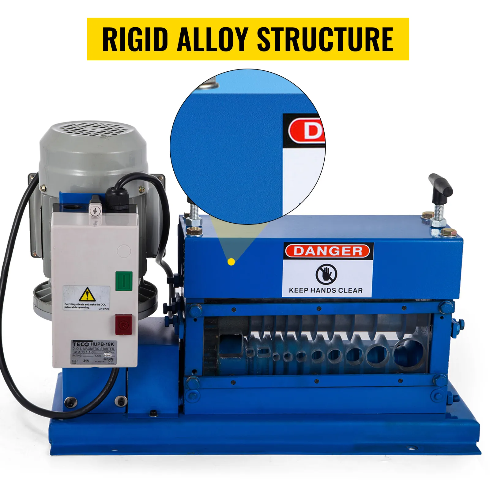 Máquina peladora de cables VEVOR con estructura de aleación rígida y advertencia de seguridad.