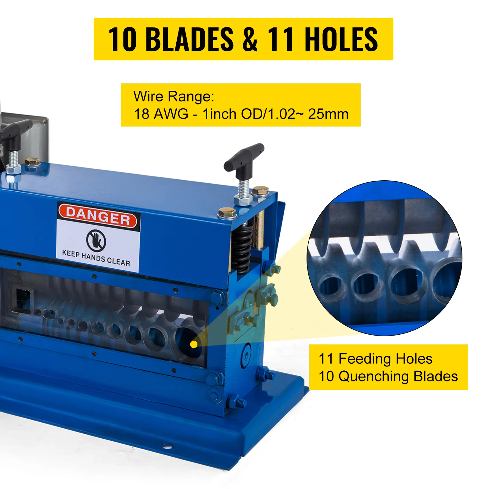 Máquina peladora de cables VEVOR con 10 cuchillas, 11 orificios de alimentación y rango de cables de 18 AWG a 1 pulgada de diámetro exterior.