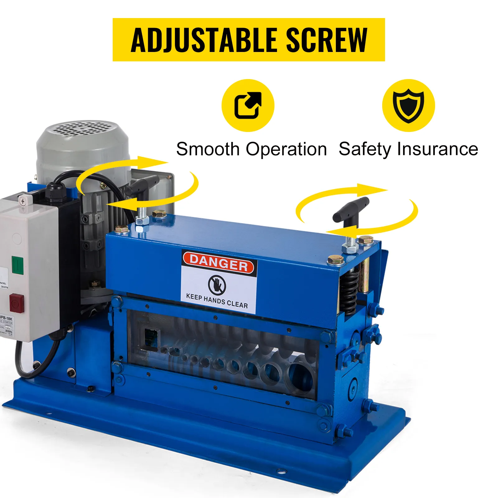 Máquina peladora de cables VEVOR con tornillos ajustables para un funcionamiento suave y seguro.