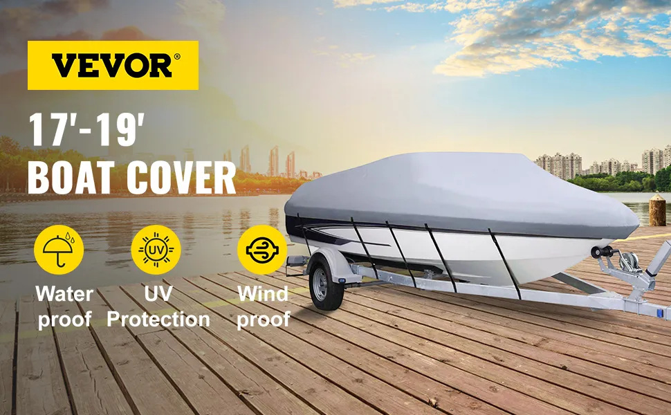 VEVOR waterproof boat cover on a dock, showcasing water, uv, and wind protection.