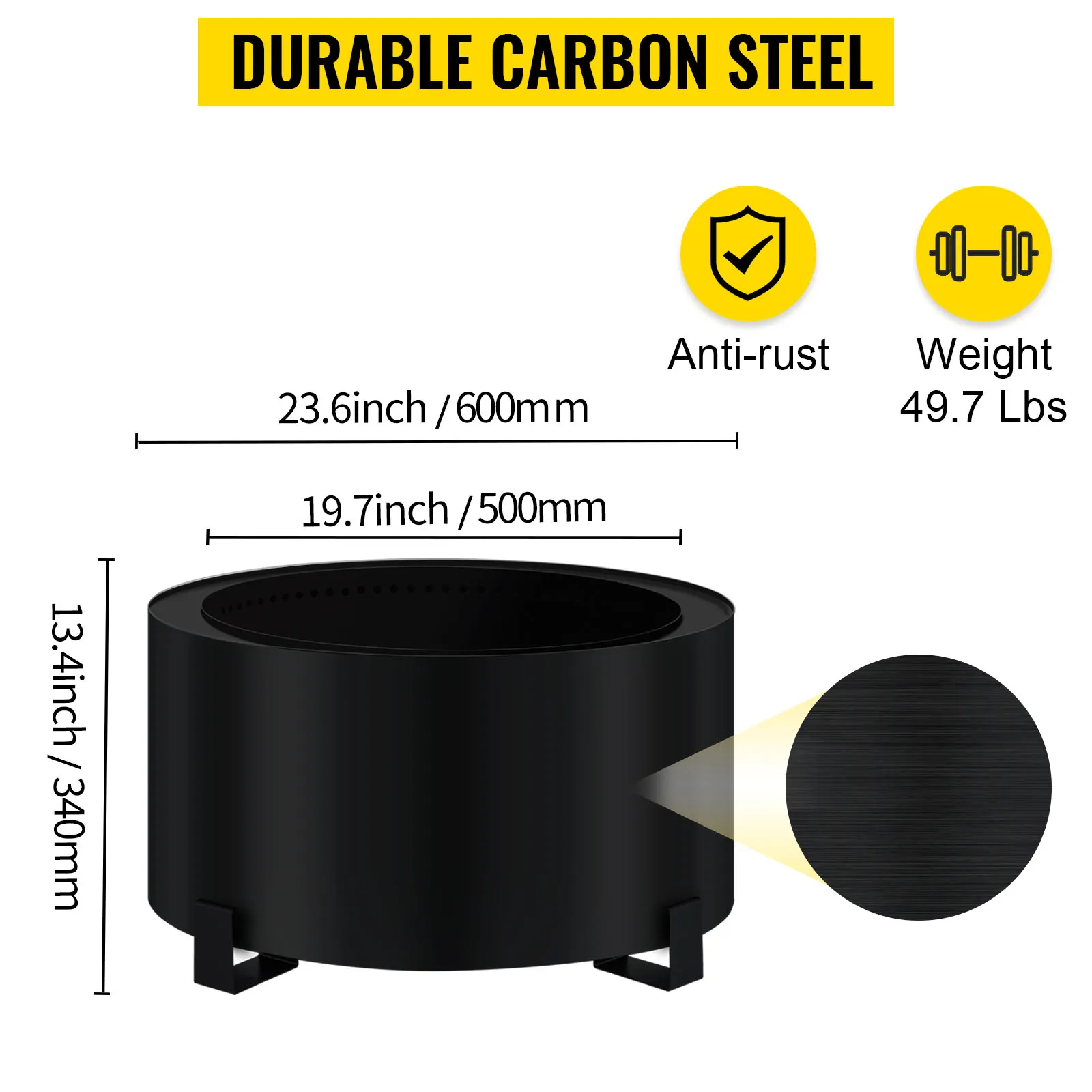 Brasero sin humo VEVOR, acero al carbono duradero de 23,6 pulgadas, antioxidante, 49,7 libras.