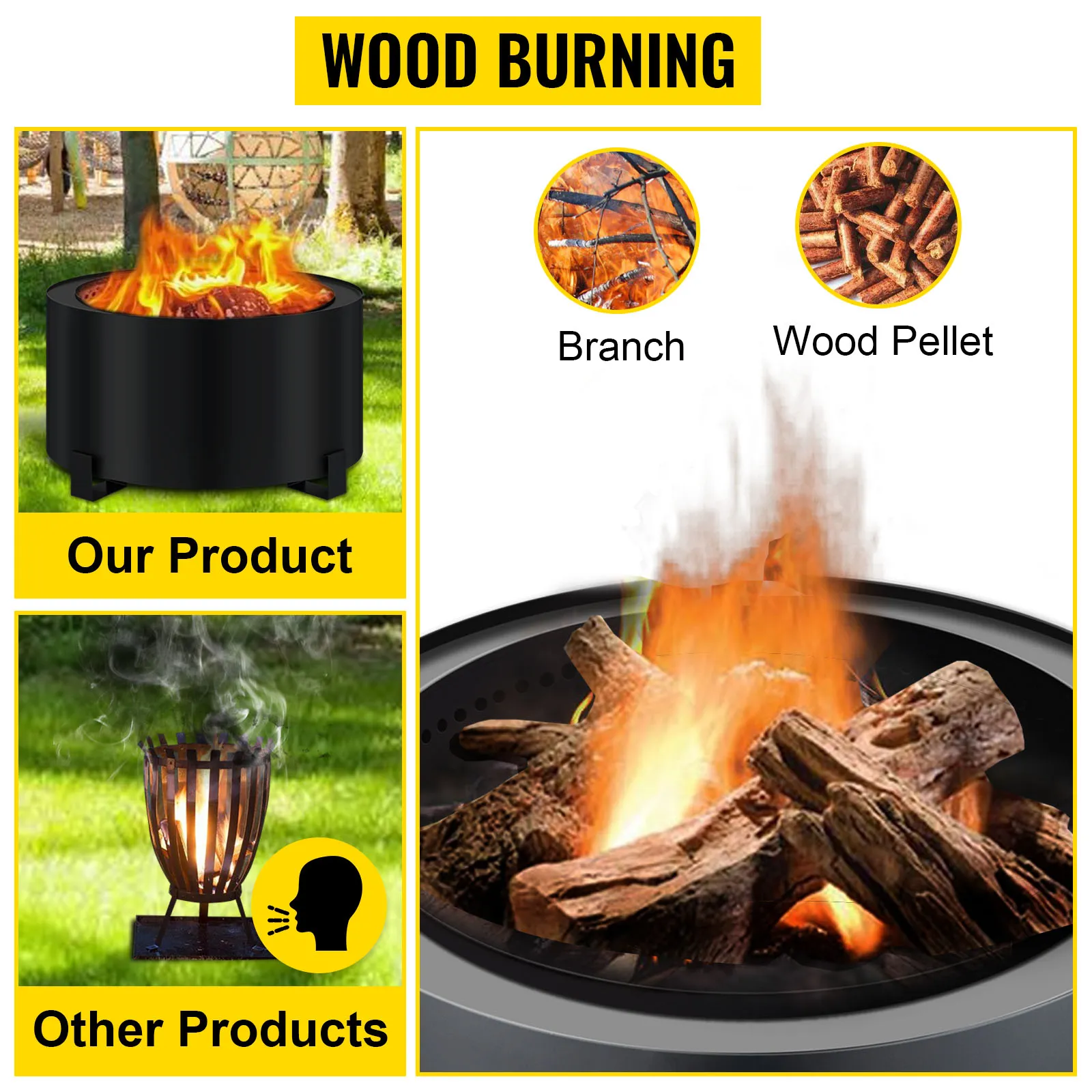 Pozo de fuego sin humo VEVOR en comparación con un pozo de fuego de leña que emite humo.