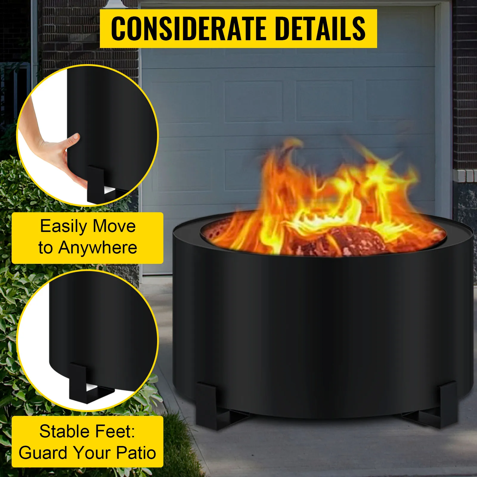 Brasero sin humo VEVOR con patas estables y manijas fáciles de mover que emiten llamas vibrantes.
