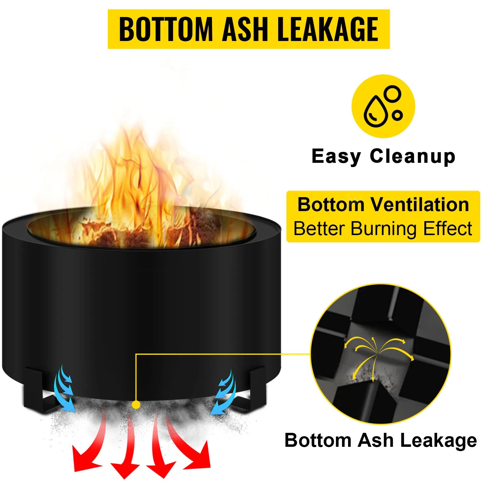 Brasero sin humo VEVOR con fuga de cenizas en el fondo, fácil limpieza y mejor efecto de combustión.