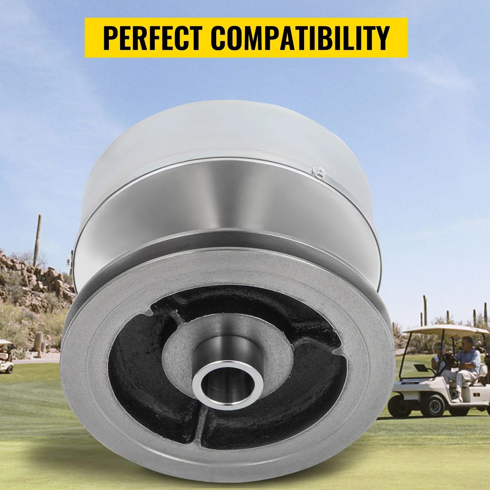 VEVOR golf cart drive clutch with "perfect compatibility" text in a golf course setting.