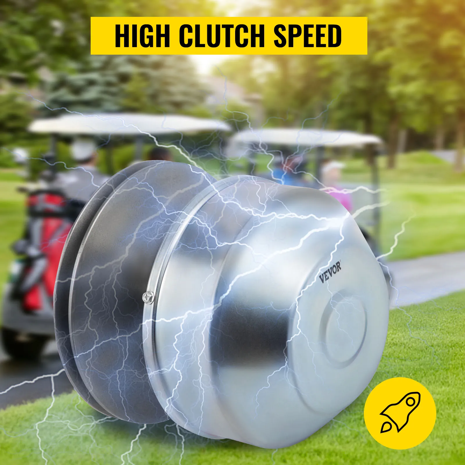 VEVOR golf cart drive clutch with high-speed text, golf carts in the background.