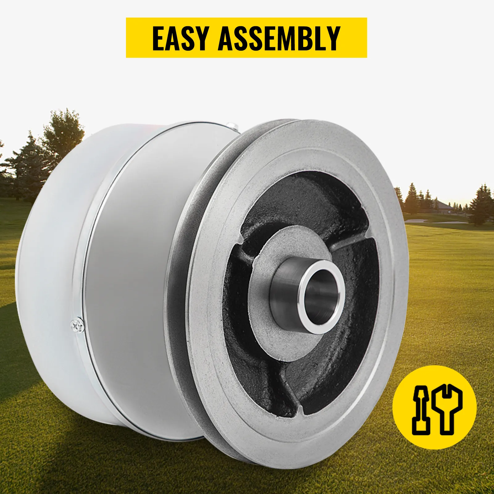 VEVOR golf cart drive clutch with easy assembly over a golfing landscape background.