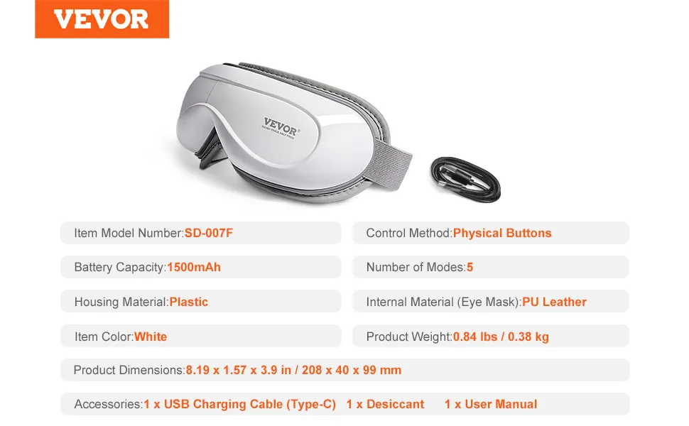 Beheiztes Augenmassagegerät von VEVOR mit physischen Tasten, 1500-mAh-Akku, weißem Kunststoffgehäuse und PU-Ledermaske.