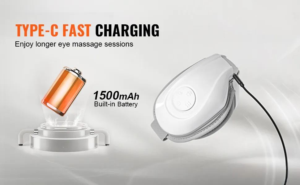 Beheiztes VEVOR-Augenmassagegerät mit Schnellladefunktion Typ C und integriertem 1500-mAh-Akku für längere Sitzungen.