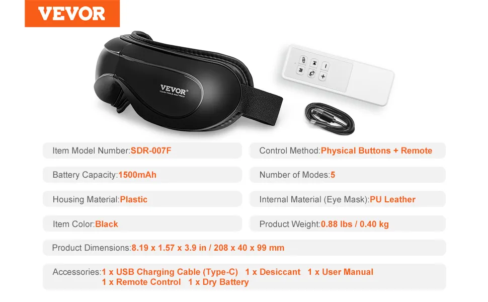 VEVOR Augenmassagegerät mit Fernbedienung, schwarzem Kunststoffgehäuse und fünf Modi, Akkukapazität 1500 mAh.
