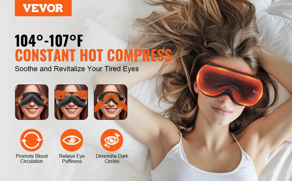 Das Augenmassagegerät von VEVOR bietet eine heiße Kompresse zur Linderung der Augenschmerzen, fördert die Durchblutung und reduziert Schwellungen.