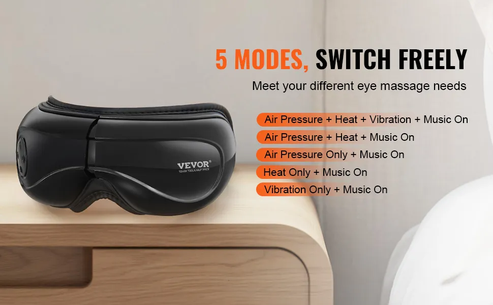 VEVOR-Augenmassagegerät auf dem Nachttisch, präsentiert seine 5 Modi und Vorteile für die Augenmassage.