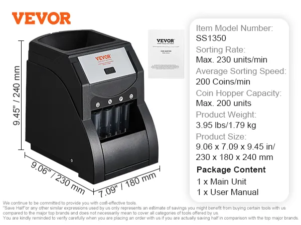VEVOR coin sorter ss1350, max 230 units/min, 9.45x7.09x9.06 in, 1 main unit, 1 user manual.